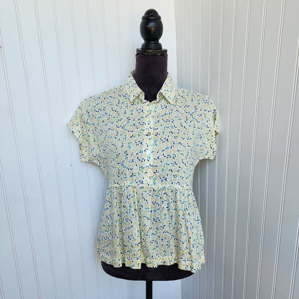 Cynthia Rowley Linen Lemon Printed Novelty Short Sleeve Babydoll Top Size XS